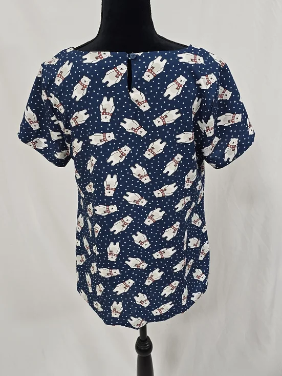 ModCloth women L polar bear christmas holiday blouse short sleeve AOP polka dot - Picture 5 of 7